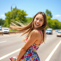 A vibrant scene of a young woman playfully flashing a big smile while standing on the side of a busy highway