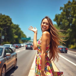 A vibrant scene of a young woman playfully flashing a big smile while standing on the side of a busy highway