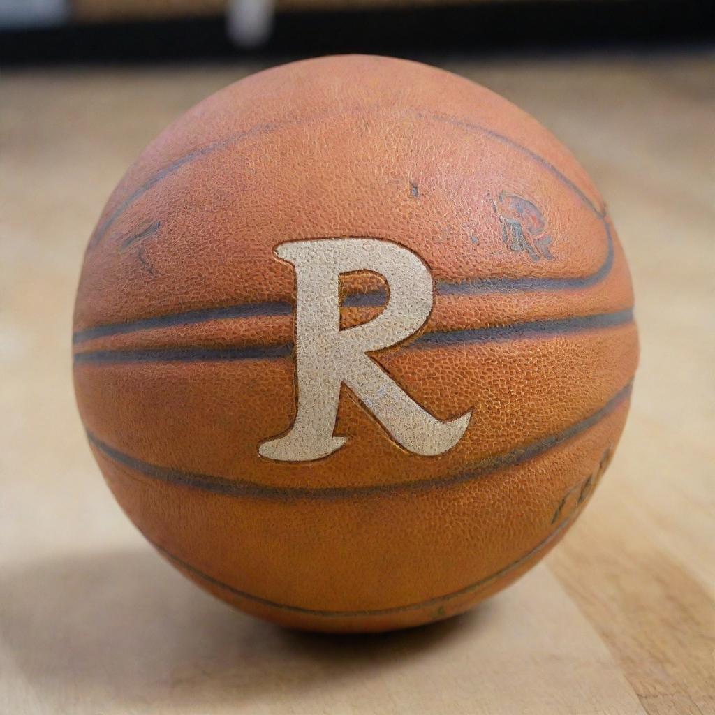 A basketball with a prominent, artistically designed letter 'R' engraved on its surface.