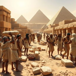 A respectful portrayal of ancient Egyptian laborers, depicted as workers in a bustling construction site