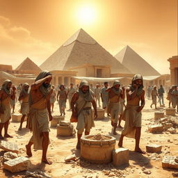 A respectful portrayal of ancient Egyptian laborers, depicted as workers in a bustling construction site