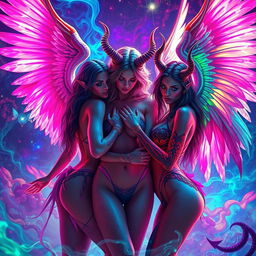 A captivating scene featuring sexy psychedelic female angels and demons, adorned with vibrant neon colors