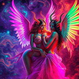 A captivating scene featuring sexy psychedelic female angels and demons, adorned with vibrant neon colors