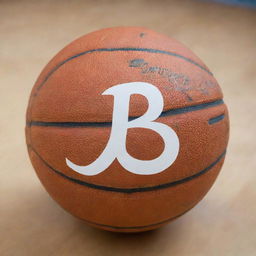 A basketball with a prominent, artistically designed letter 'R' engraved on its surface.