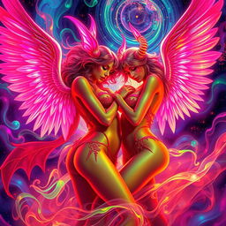 A captivating scene featuring sexy psychedelic female angels and demons, adorned with vibrant neon colors