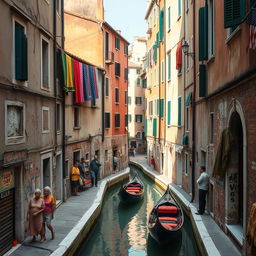 A poignant and engaging depiction of the Cannaregio district in Venice, showcasing its poorer areas with a focus on the authentic and rustic charm of the neighborhood