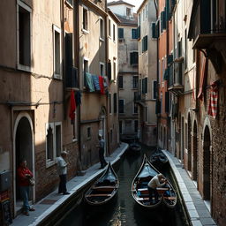 A poignant and engaging depiction of the Cannaregio district in Venice, showcasing its poorer areas with a focus on the authentic and rustic charm of the neighborhood