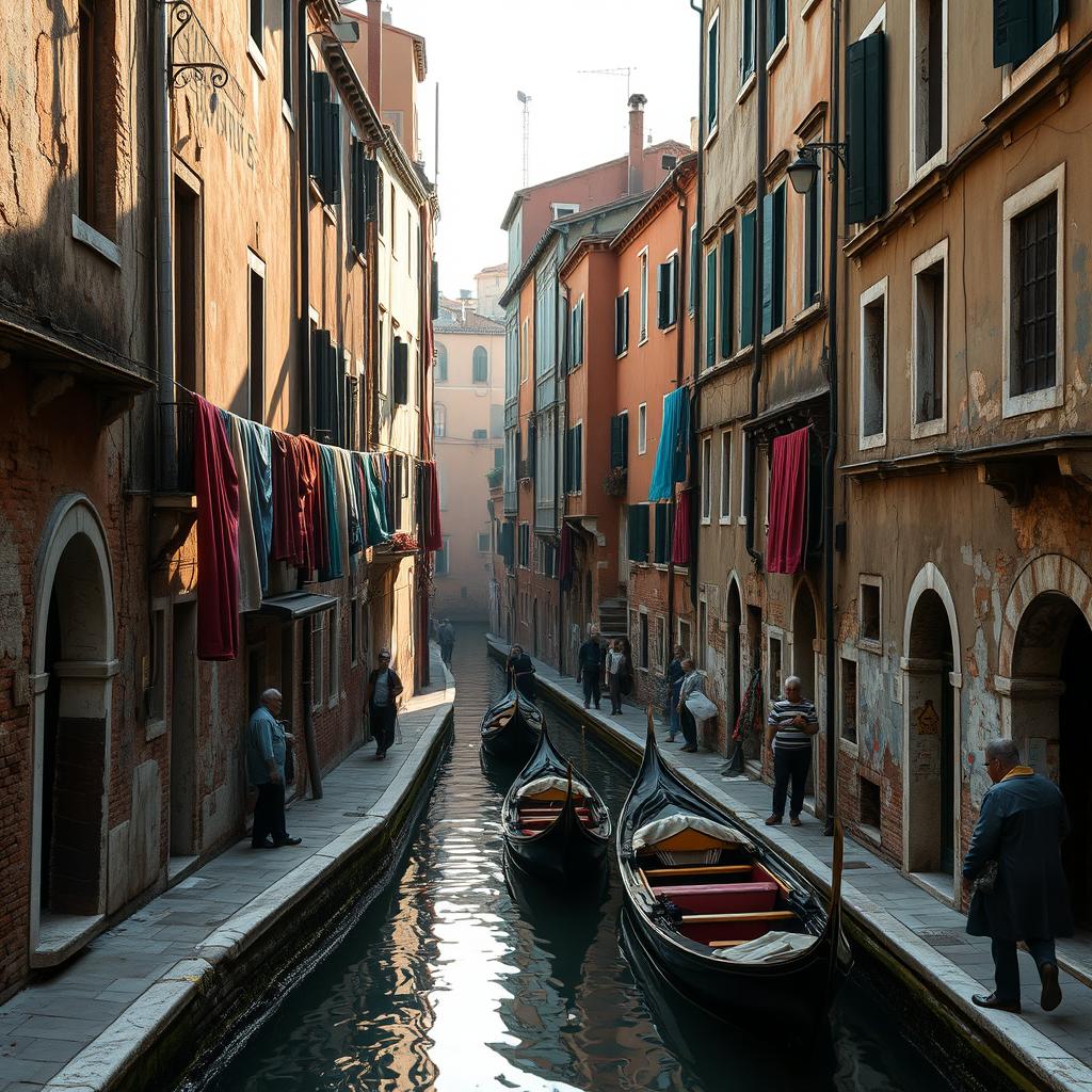 A poignant and engaging depiction of the Cannaregio district in Venice, showcasing its poorer areas with a focus on the authentic and rustic charm of the neighborhood