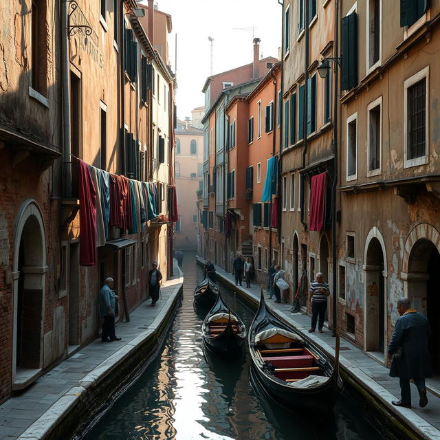 A poignant and engaging depiction of the Cannaregio district in Venice, showcasing its poorer areas with a focus on the authentic and rustic charm of the neighborhood