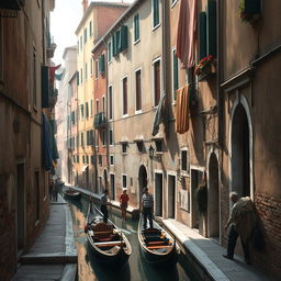 A poignant and engaging depiction of the Cannaregio district in Venice, showcasing its poorer areas with a focus on the authentic and rustic charm of the neighborhood