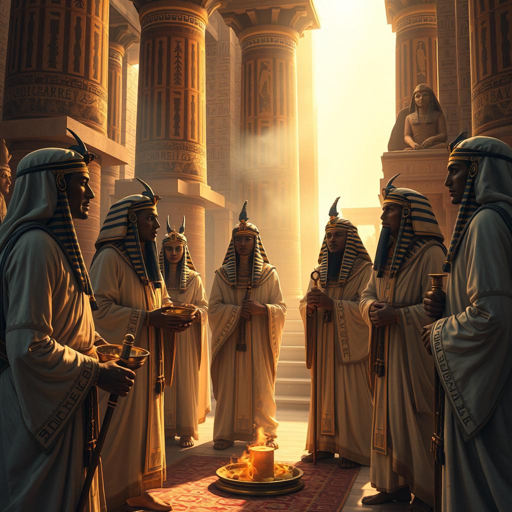 A captivating depiction of ancient Egyptian priests in a ritual setting