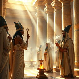 A captivating depiction of ancient Egyptian priests in a ritual setting