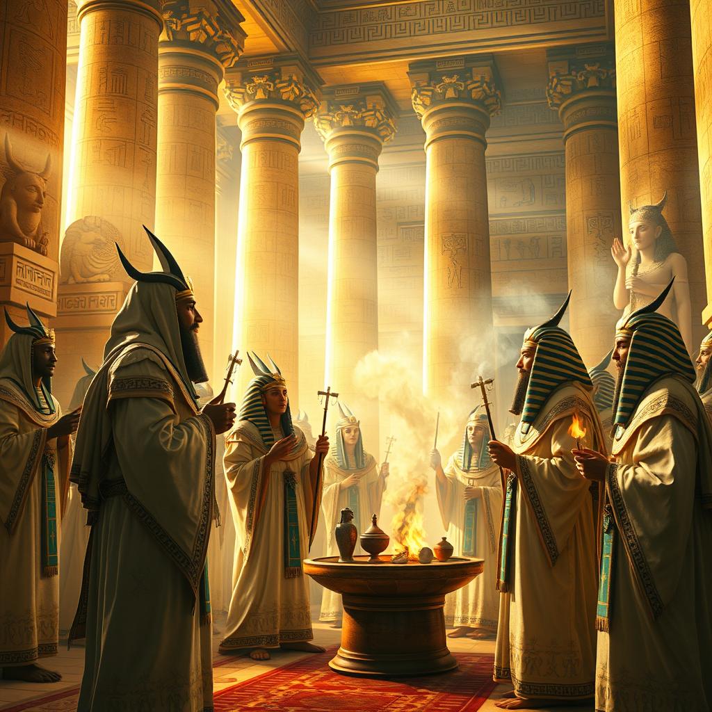 A captivating depiction of ancient Egyptian priests in a ritual setting