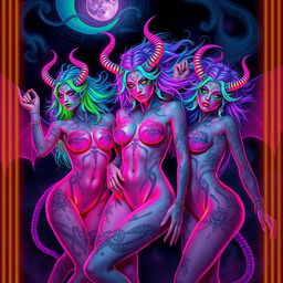 A vibrant and mesmerizing scene featuring sexy, psychedelic topless female demons, adorned with intricate body art in neon colors