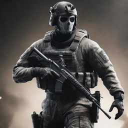 A detailed and dynamic image of 'Ghost', the popular character from the game series 'Call of Duty', donned in his iconic tactical gear.