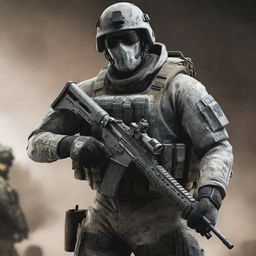 A detailed and dynamic image of 'Ghost', the popular character from the game series 'Call of Duty', donned in his iconic tactical gear.