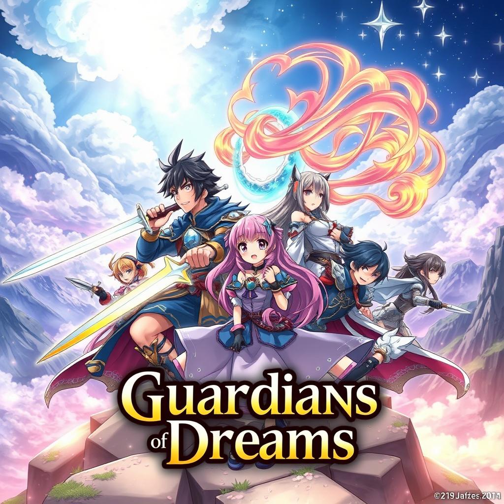 A captivating anime-style cover illustration titled "Guardians of Dreams", featuring a diverse group of fantastical characters including a courageous young warrior wielding a shimmering sword, a mystical sorceress casting a spell with swirling colorful energy, and an agile rogue with dual daggers, all set against a dreamlike landscape filled with ethereal clouds, glowing stars, and majestic mountains