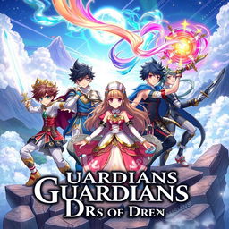 A captivating anime-style cover illustration titled "Guardians of Dreams", featuring a diverse group of fantastical characters including a courageous young warrior wielding a shimmering sword, a mystical sorceress casting a spell with swirling colorful energy, and an agile rogue with dual daggers, all set against a dreamlike landscape filled with ethereal clouds, glowing stars, and majestic mountains