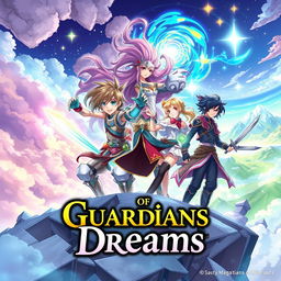 A captivating anime-style cover illustration titled "Guardians of Dreams", featuring a diverse group of fantastical characters including a courageous young warrior wielding a shimmering sword, a mystical sorceress casting a spell with swirling colorful energy, and an agile rogue with dual daggers, all set against a dreamlike landscape filled with ethereal clouds, glowing stars, and majestic mountains