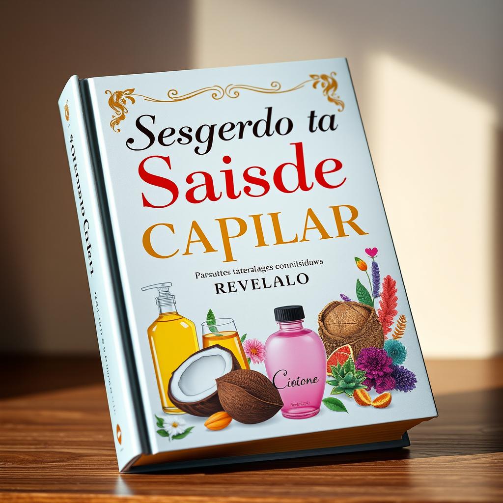 Uma capa de livro cativante e colorida apresentando o título 'Segredo Da Saúde Capilar Revelado' em uma tipografia elegante e ousada