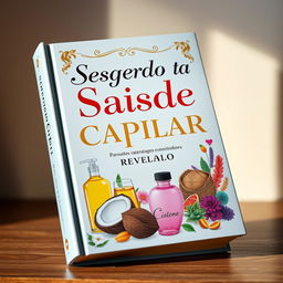 Uma capa de livro cativante e colorida apresentando o título 'Segredo Da Saúde Capilar Revelado' em uma tipografia elegante e ousada