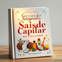 Uma capa de livro cativante e colorida apresentando o título 'Segredo Da Saúde Capilar Revelado' em uma tipografia elegante e ousada