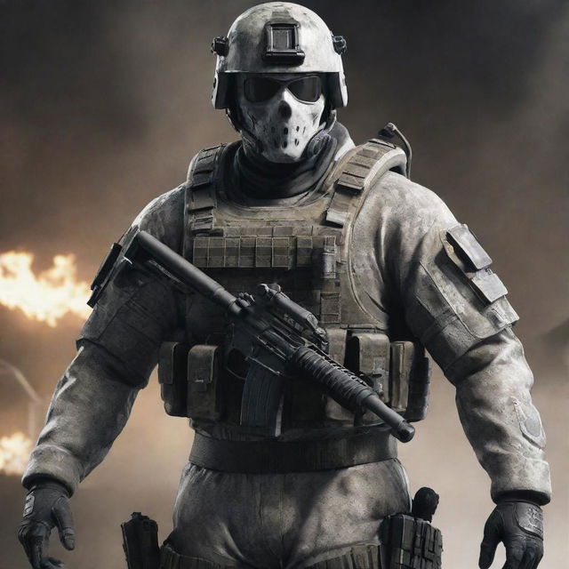 A detailed and dynamic image of 'Ghost', the popular character from the game series 'Call of Duty', donned in his iconic tactical gear.