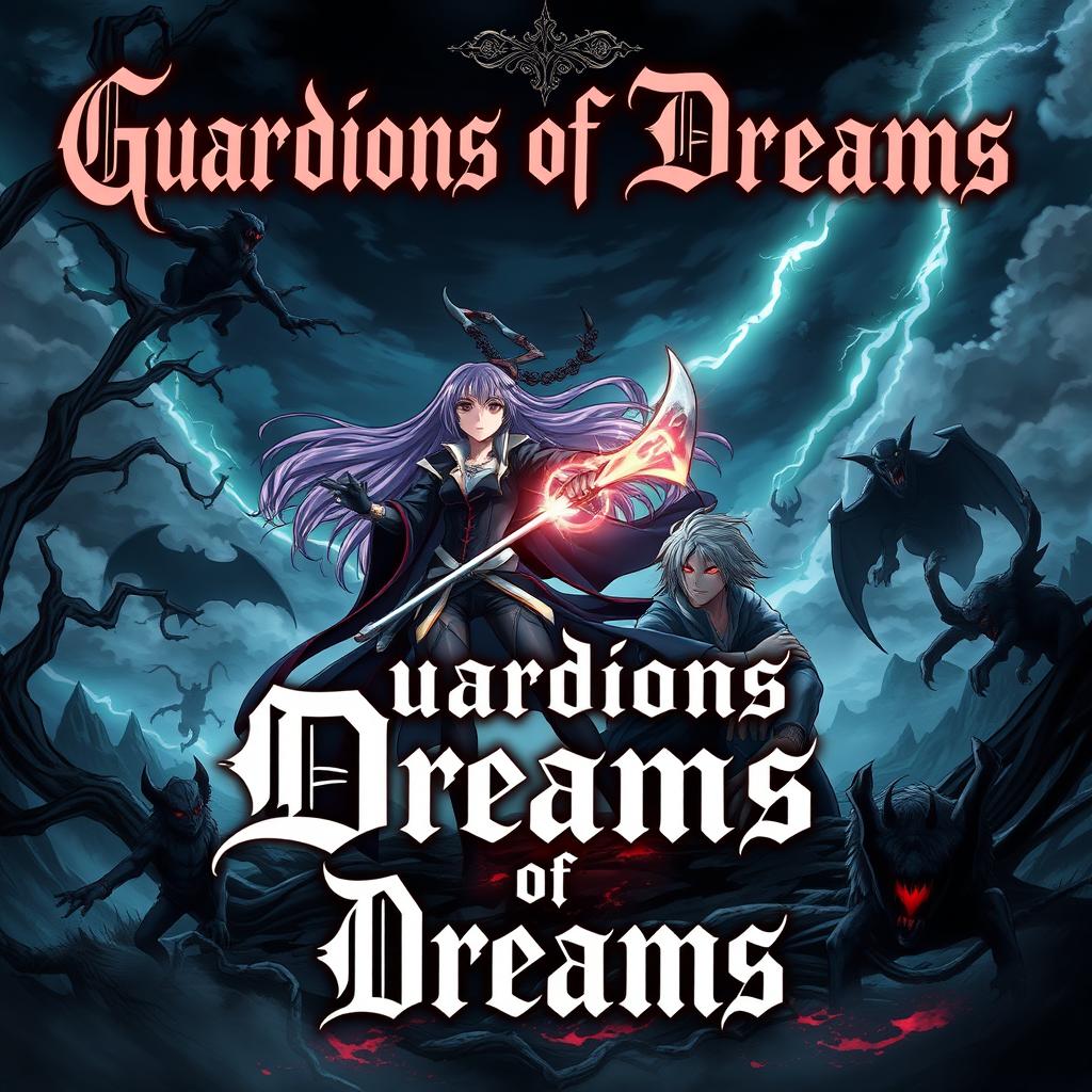 A dramatic and dark anime-style cover illustration titled "Guardians of Dreams", featuring a group of characters inspired by the styles of Bleach and Sailor Moon