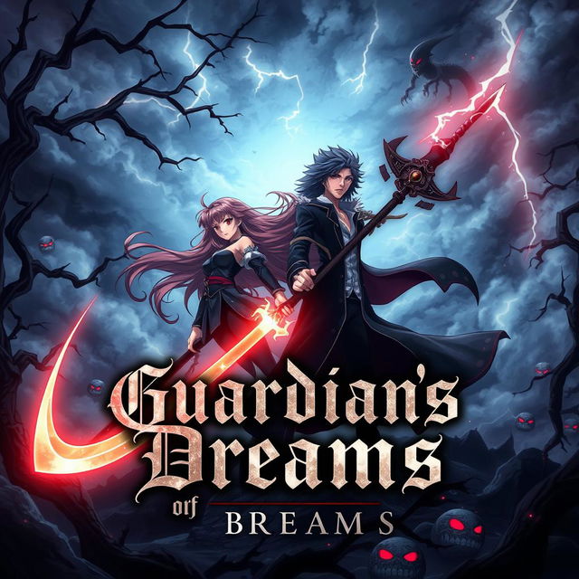 A dramatic and dark anime-style cover illustration titled "Guardians of Dreams", featuring a group of characters inspired by the styles of Bleach and Sailor Moon