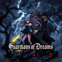 A dramatic and dark anime-style cover illustration titled "Guardians of Dreams", featuring a group of characters inspired by the styles of Bleach and Sailor Moon
