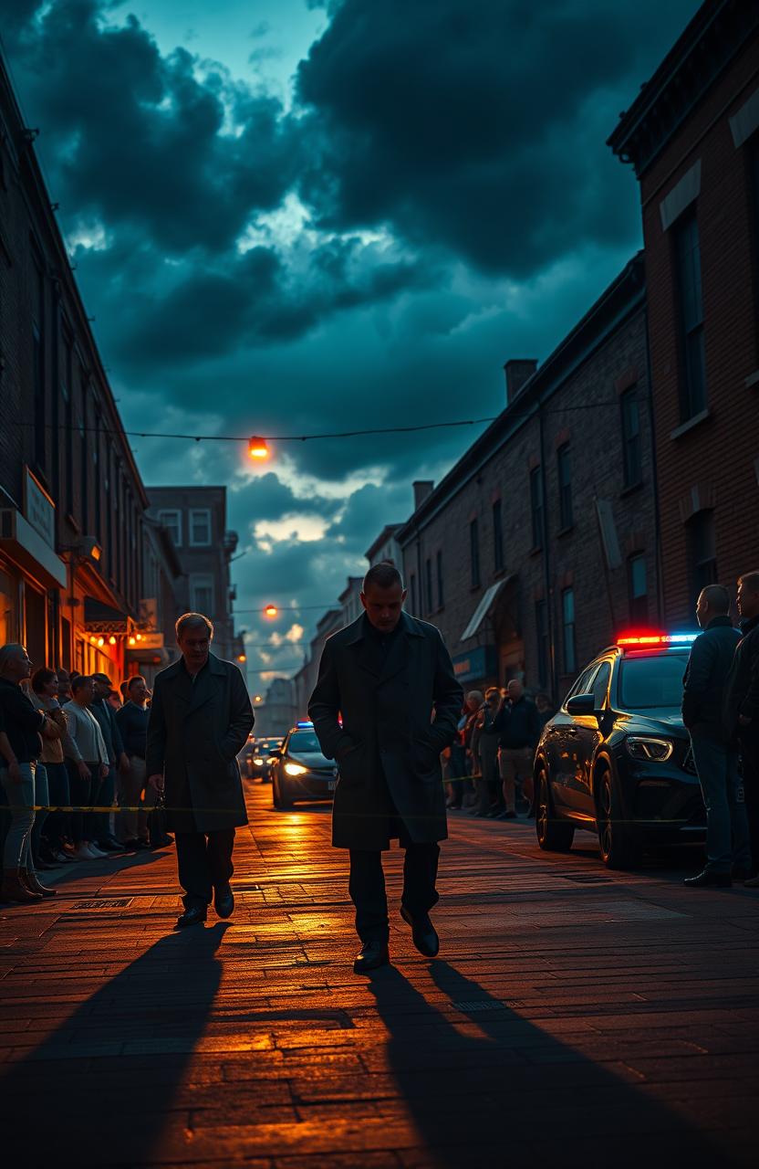 A dramatic urban scene unfolding at dusk, depicting a mysterious and intense atmosphere in a city street known as 'Calle 11'