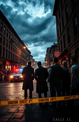 A dramatic urban scene unfolding at dusk, depicting a mysterious and intense atmosphere in a city street known as 'Calle 11'