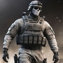 A detailed and dynamic image of 'Ghost', the popular character from the game series 'Call of Duty', donned in his iconic tactical gear.