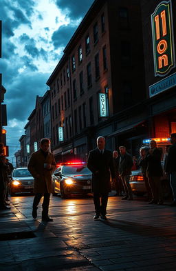 A dramatic urban scene unfolding at dusk, depicting a mysterious and intense atmosphere in a city street known as 'Calle 11'