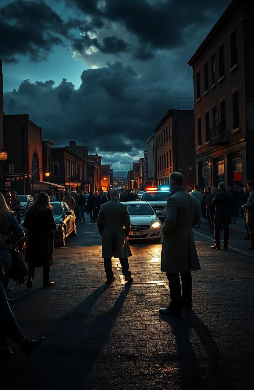 A dramatic urban scene unfolding at dusk, depicting a mysterious and intense atmosphere in a city street known as 'Calle 11'