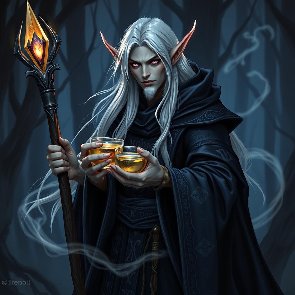 A mysterious dark elf sorcerer dressed in elaborate, dark robes adorned with silver runes, holding a mystical staff with a glowing crystal at its tip, standing in a twilight forest setting