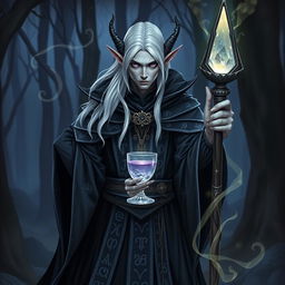 A mysterious dark elf sorcerer dressed in elaborate, dark robes adorned with silver runes, holding a mystical staff with a glowing crystal at its tip, standing in a twilight forest setting