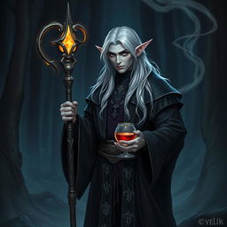 A mysterious dark elf sorcerer dressed in elaborate, dark robes adorned with silver runes, holding a mystical staff with a glowing crystal at its tip, standing in a twilight forest setting