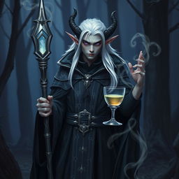 A mysterious dark elf sorcerer dressed in elaborate, dark robes adorned with silver runes, holding a mystical staff with a glowing crystal at its tip, standing in a twilight forest setting