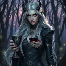 A striking dark elf sorceress, showcasing her ethereal beauty with long, flowing silver hair and piercing violet eyes