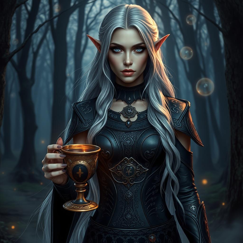 A striking dark elf sorceress, showcasing her ethereal beauty with long, flowing silver hair and piercing violet eyes