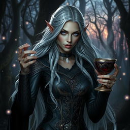 A striking dark elf sorceress, showcasing her ethereal beauty with long, flowing silver hair and piercing violet eyes