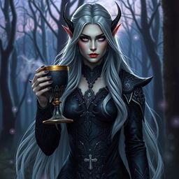 A striking dark elf sorceress, showcasing her ethereal beauty with long, flowing silver hair and piercing violet eyes