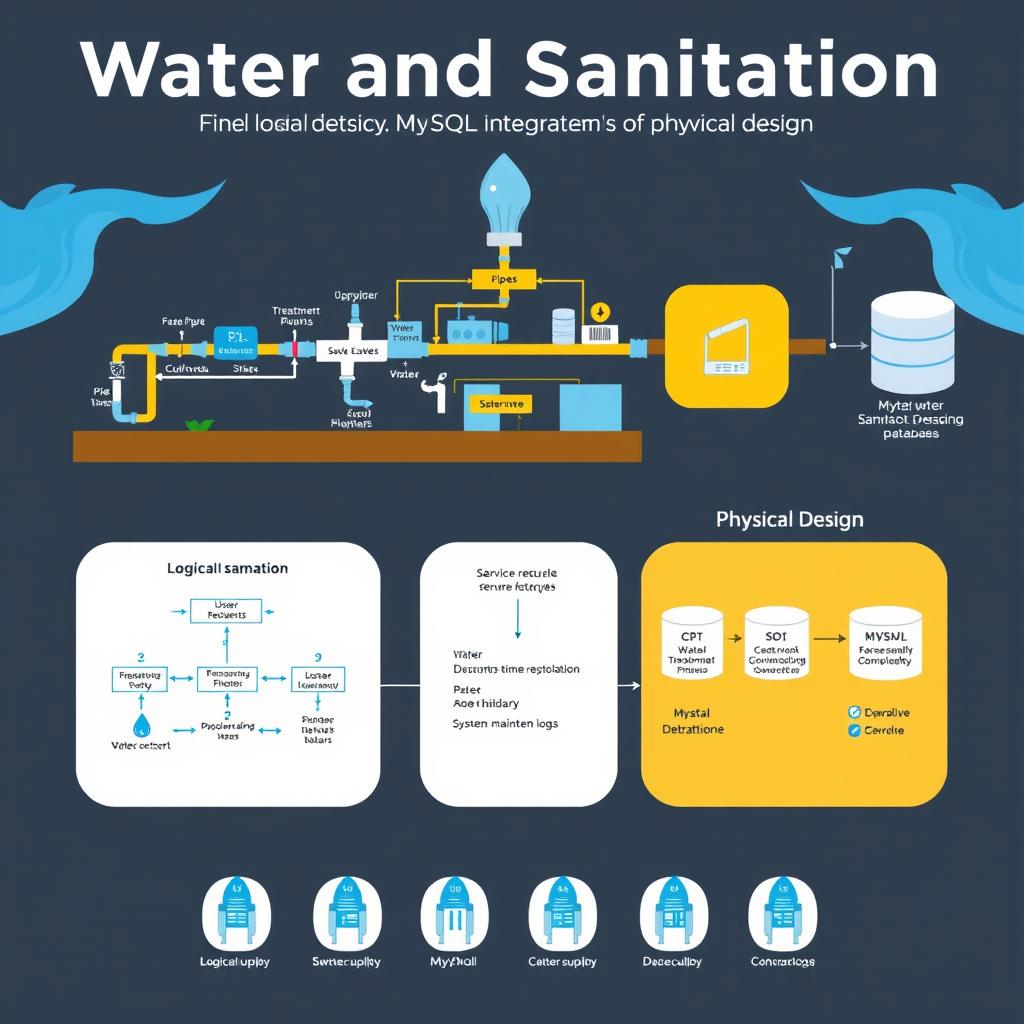 A visually striking infographic depicting the design of a water and sanitation system, focusing on both logical and physical design aspects alongside MySQL database integration