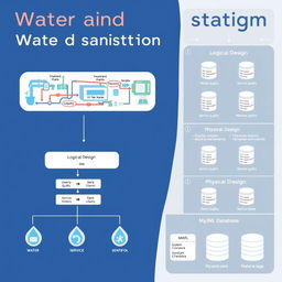 A visually striking infographic depicting the design of a water and sanitation system, focusing on both logical and physical design aspects alongside MySQL database integration