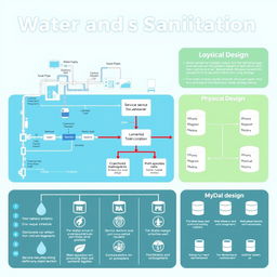 A visually striking infographic depicting the design of a water and sanitation system, focusing on both logical and physical design aspects alongside MySQL database integration