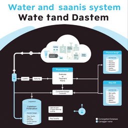 A visually striking infographic depicting the design of a water and sanitation system, focusing on both logical and physical design aspects alongside MySQL database integration