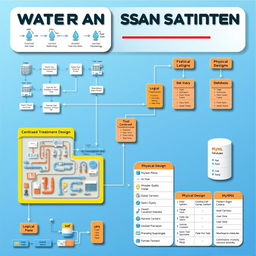 An informative visual representation of water and sanitation system design, highlighting both logical and physical designs in conjunction with MySQL database elements