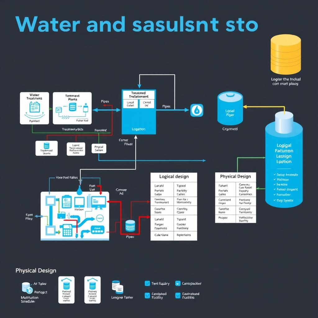 An informative visual representation of water and sanitation system design, highlighting both logical and physical designs in conjunction with MySQL database elements