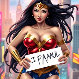 A sexy Asian female superhero dressed as Wonder Woman, showcasing her large chest and cleavage, confidently holding a sign that reads 'I ❤️ PAUL'